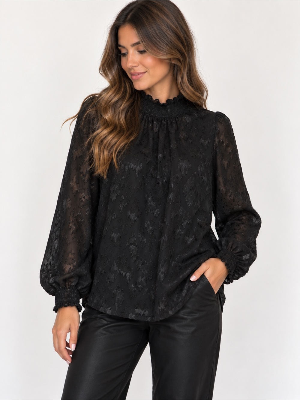 Calvin Klein Black Lace-Texture Smocked Neck Long Sleeve Blouse